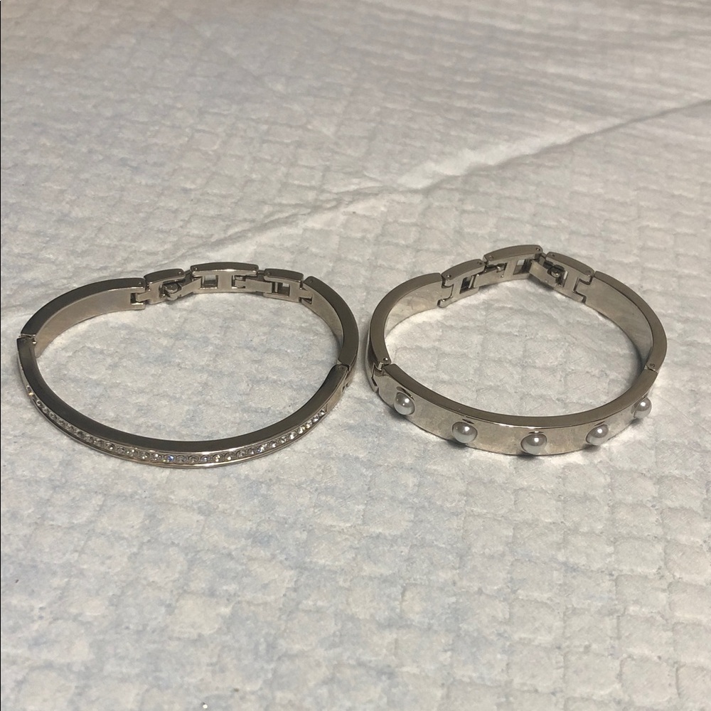 Anne Klein Silver Tone Bangle Bracelet Set with Rhinestones and Studs